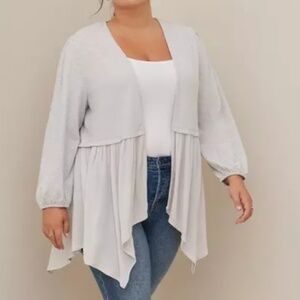 Torrid Fabric Mixed Hanky Hem Open Front Kimono Stone Gray Size 3X